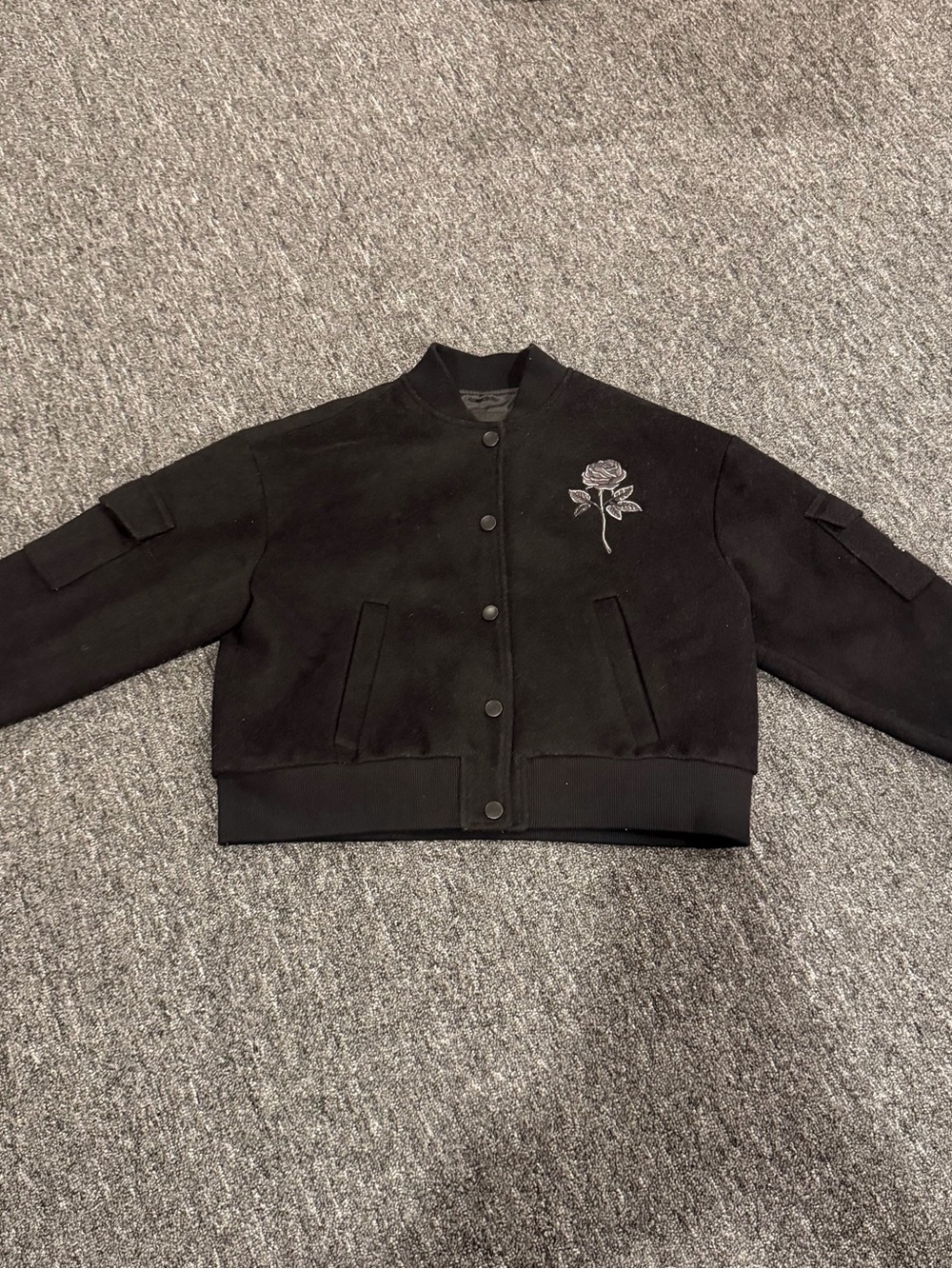 BLVCK Paris Women’s Rose Embroidered Wool Cashmere Bomber Jacket Black M